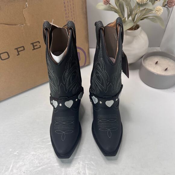 Roper Dale Faux Leather Snip Toe Heart Harness Western Boots Black Kids 10 NWB - Picture 7 of 11